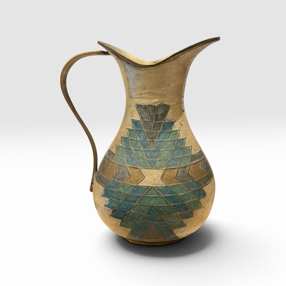 Vintage Indian Brass Pitcher Painted Art Deco Geometric Ewer Blue Green Gold